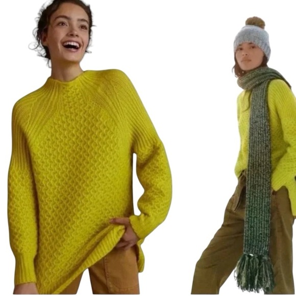 Anthropologie  yellow Lime Bia Mock Neck Tunic Sweater Alpaca blend Texture Knit - Picture 3 of 13